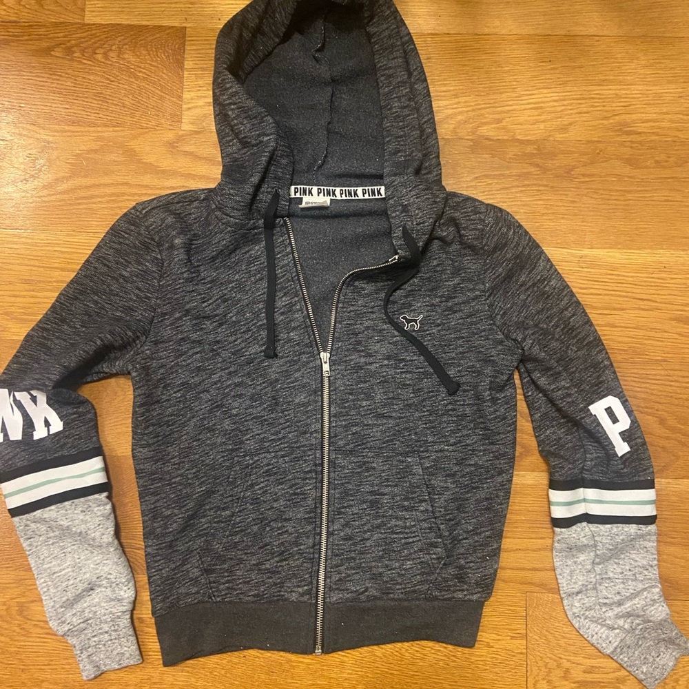 Victoria Secret Pink, Gray and White Zip-Up Hoodie